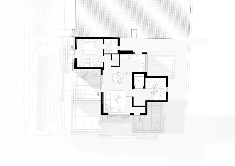 Floor plan drawing depicting bedroom level with spiral stair and planted courtyard areas