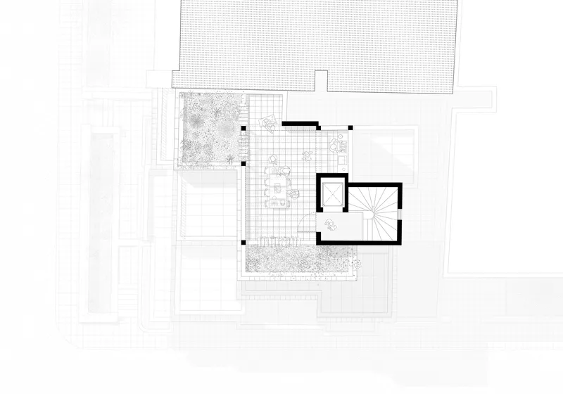 Roof plan drawing showing gridded terrace and planted garden beds adjacent to stair volume