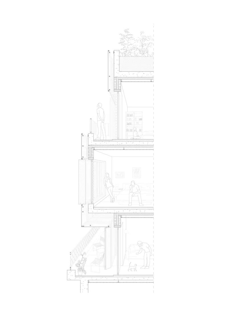 Section drawing showing four stacked levels with figures on balconies and rooftop plantings