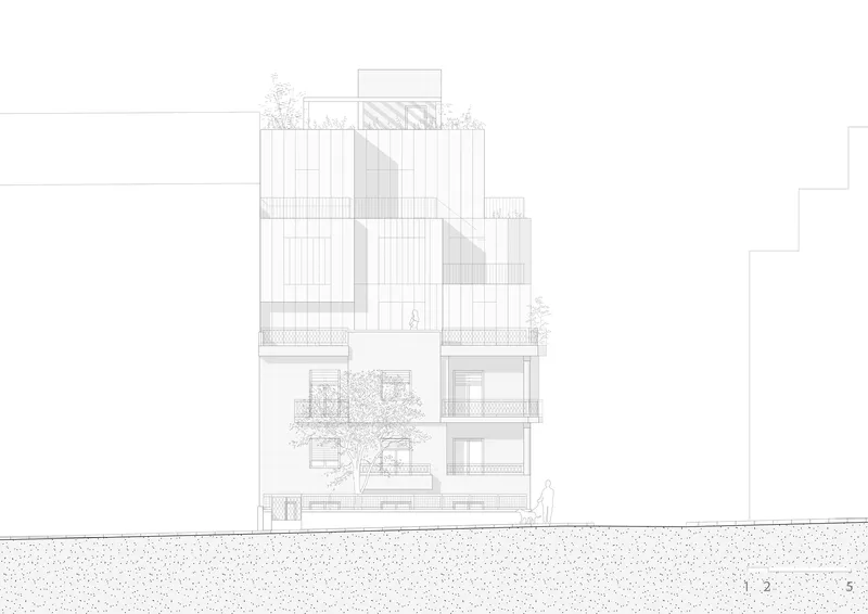 Elevation drawing of a stepped facade with vertical cladding and a figure on the street