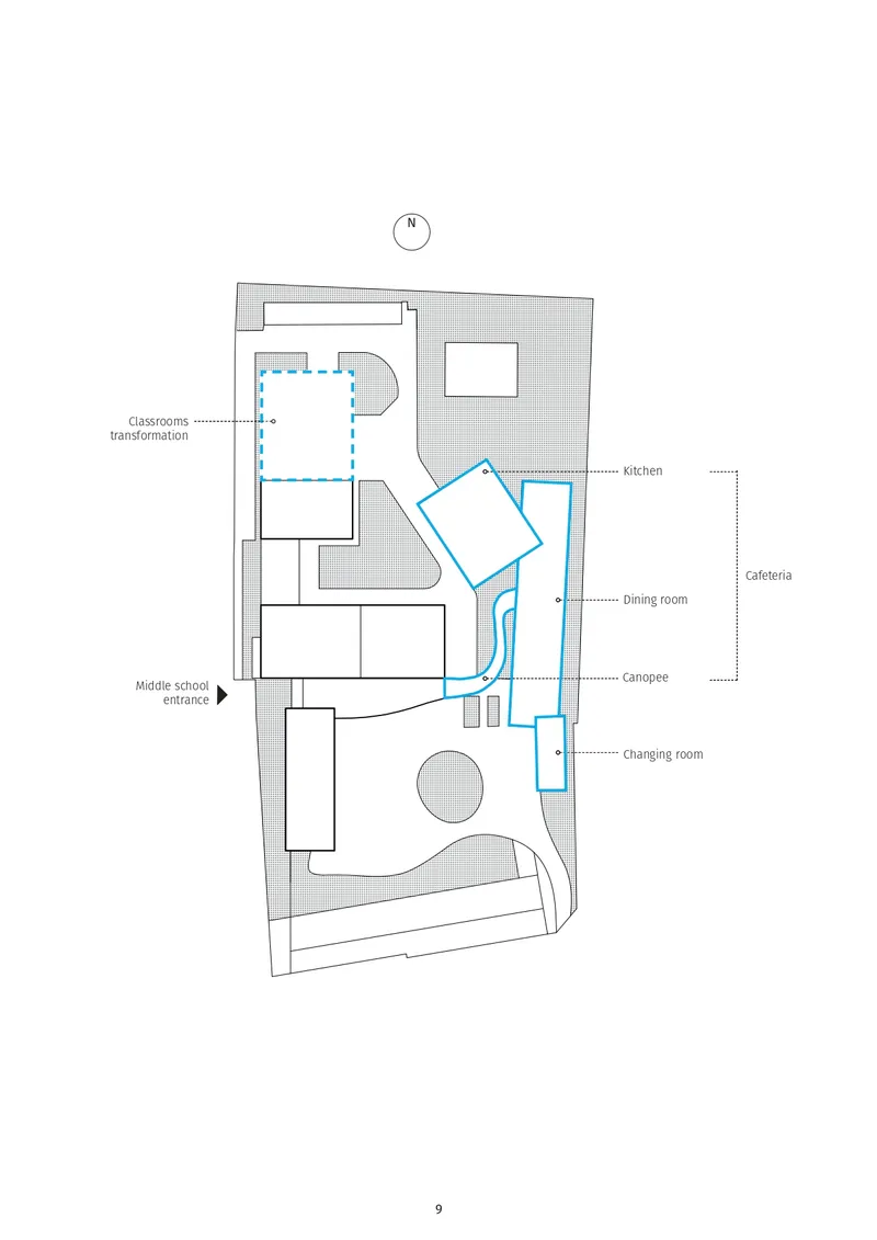 Floor plan drawing indicating kitchen, dining room, canopée, and charging room with existing structures in grey