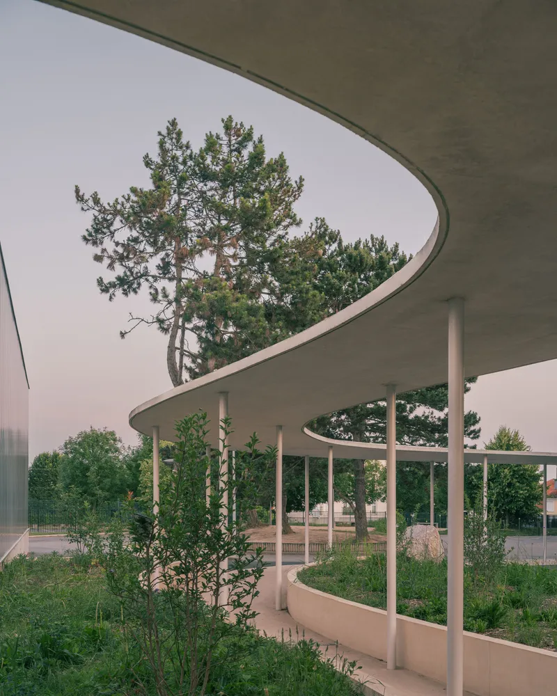 Covered walkway with slender columns and planted beds framing a mature pine tree at dusk