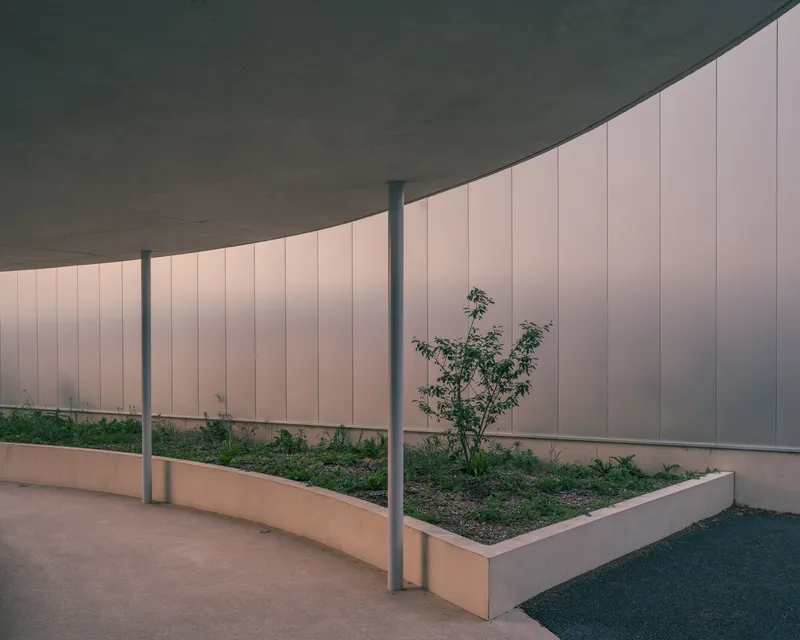 Curved translucent facade with planted beds and young trees along a sheltered pathway at dusk