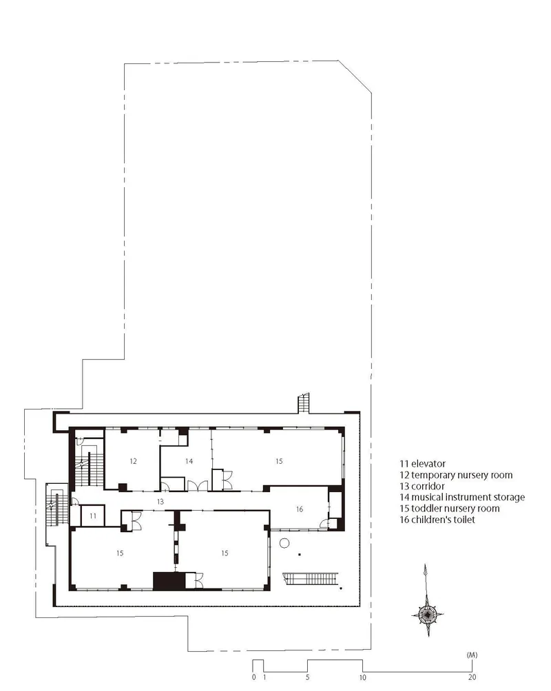 Second floor plan drawing showing nursery rooms, corridor and storage spaces around central elevator core