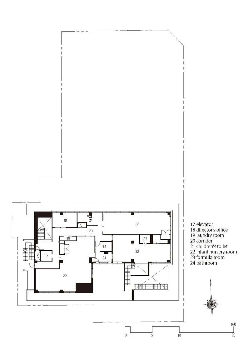 Third floor plan drawing showing office, classroom and nursery spaces with elevator and stairwell access
