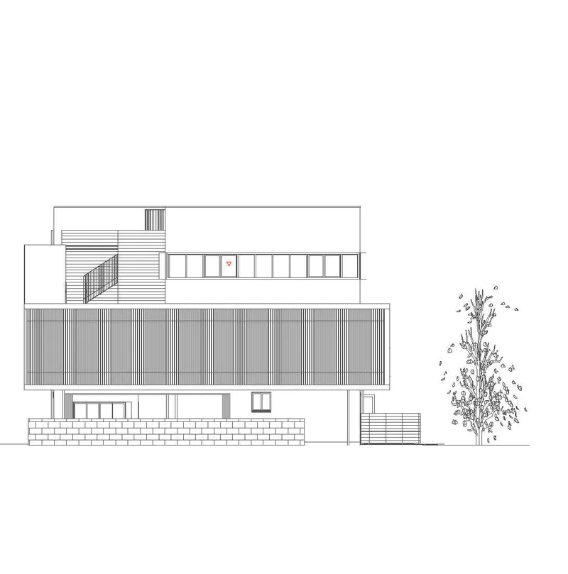 Elevation drawing showing a three-level residence with horizontal slatted cladding and a tree to the right