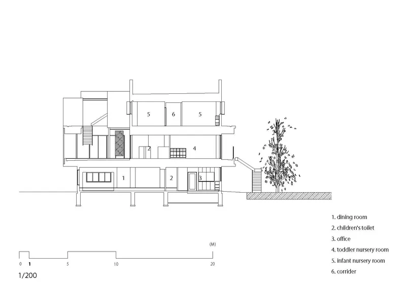 Section drawing revealing staggered floor levels and room designations with an adjacent tree