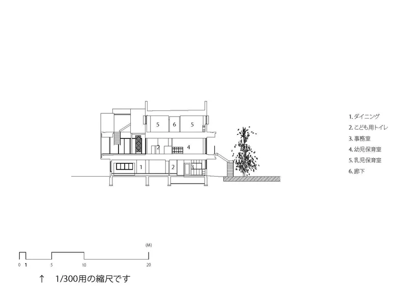 Section drawing depicting the interior spatial organization across multiple floors with a scaled dimension line