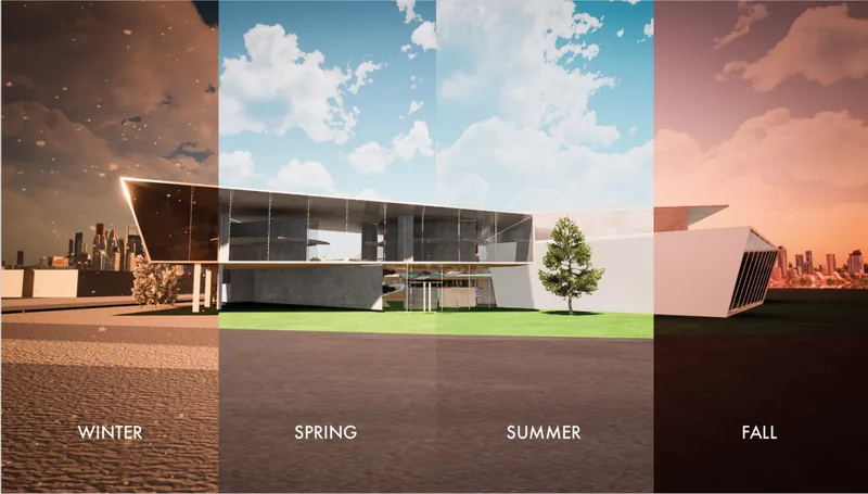 Seasonal facade study demonstrating environmental adaptability and changing spatial perception across winter, spring, summer, and fall.