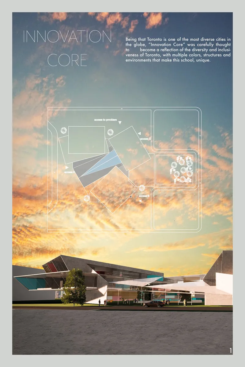 Site and concept overlay highlighting the Innovation Core as the organizational and experiential heart of the school.