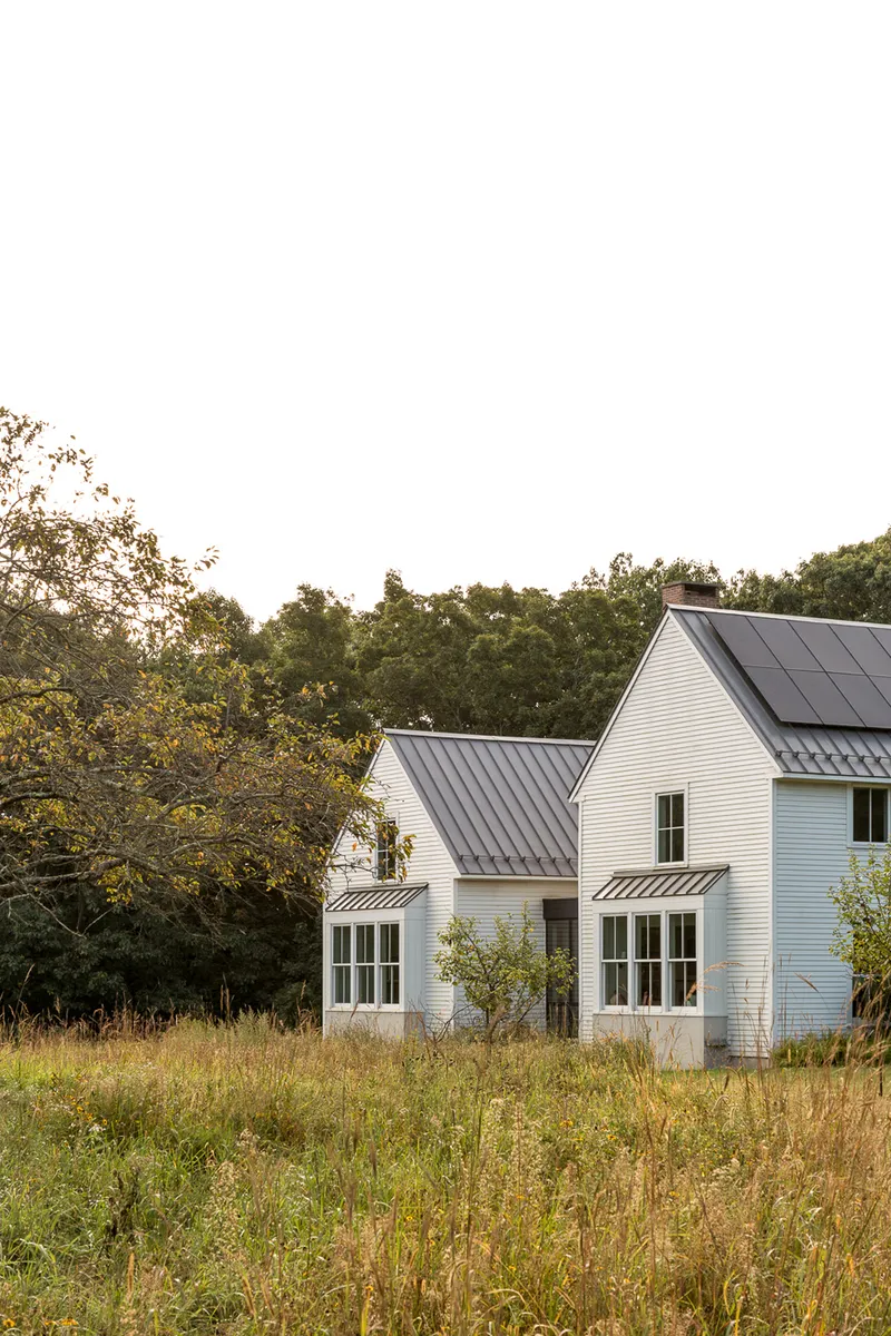 Side view showing standing seam metal roofs and solar panels against tree line