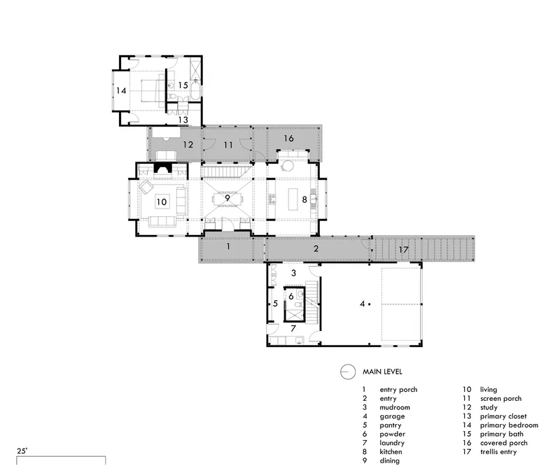 Main level floor plan drawing showing entry sequence and living spaces with numbered room labels