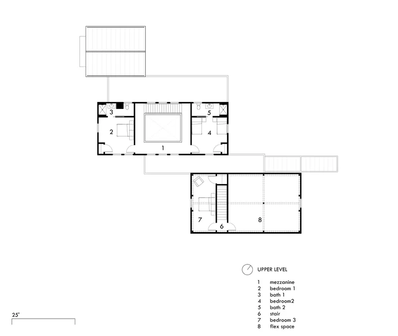 Floor plan drawing showing an upper level with central mezzanine, three bedrooms, and corner flex space