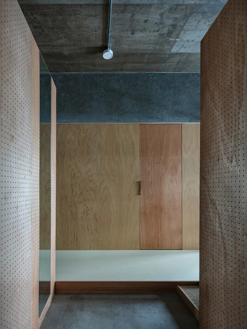 Entryway framed by pegboard walls showing plywood sliding doors and textured dark panel above