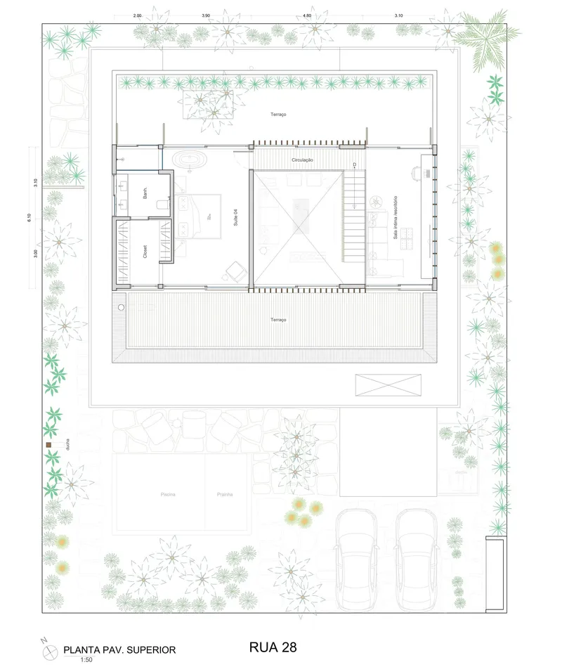 Upper floor plan drawing showing the central void, terraces, and roof garden with perimeter plantings