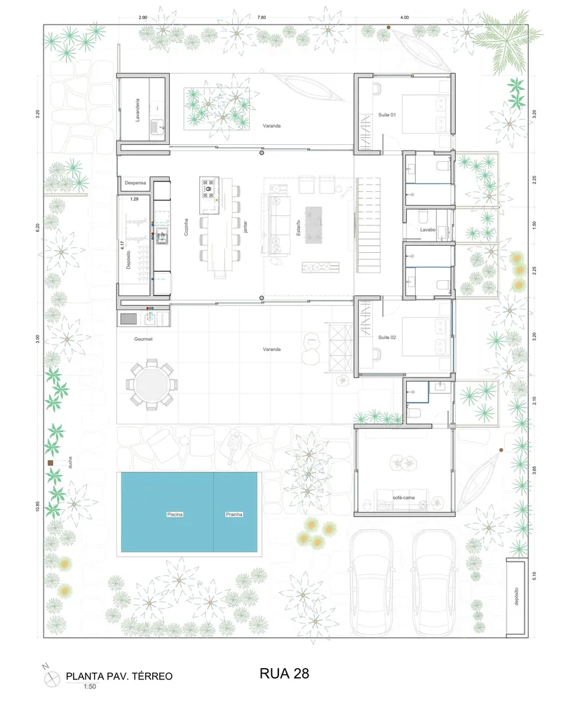 Ground floor plan drawing showing the open-plan living spaces, pool, courtyard gardens and surrounding landscaping