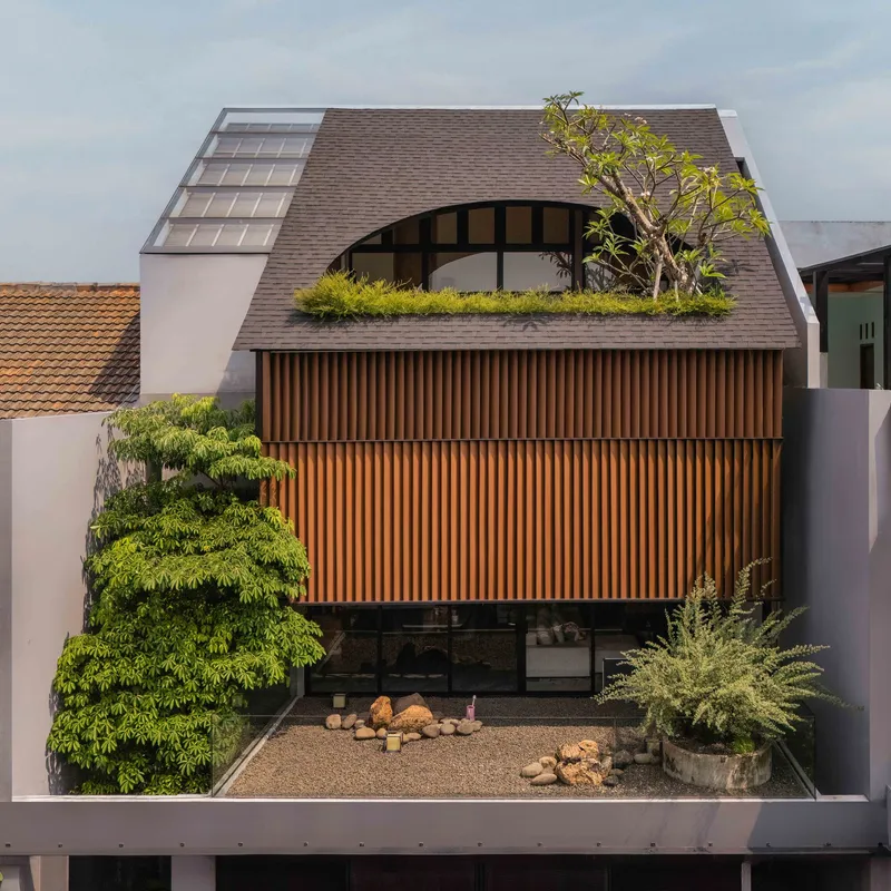 Street facade with vertical timber slats and rooftop terrace planted with trees and grasses