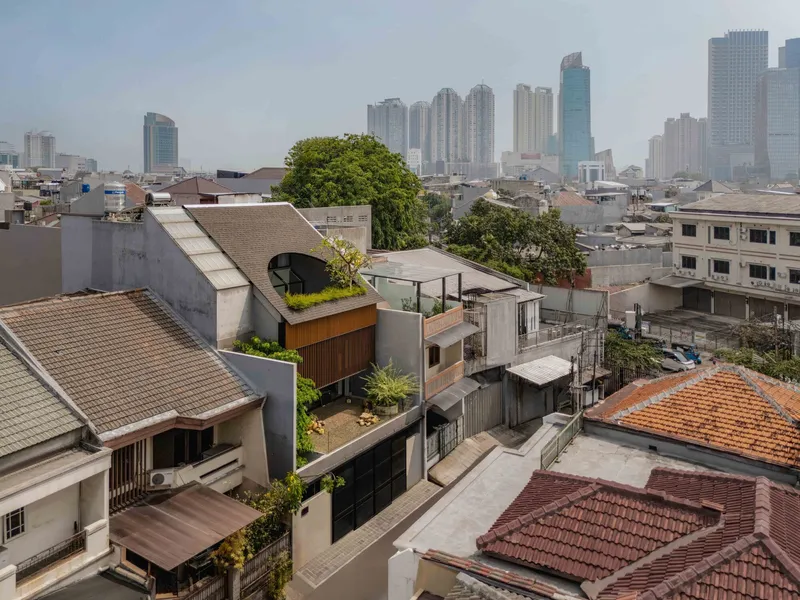 Aerial view of the house with planted roof nestled among low-rise residential buildings