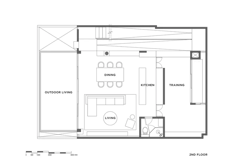 Second floor plan drawing indicating outdoor living terrace, dining area, kitchen and training room