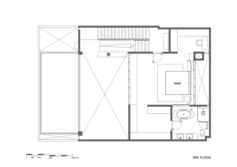 Floor plan drawing showing a terrace, staircase, master bedroom and bathroom on the third floor