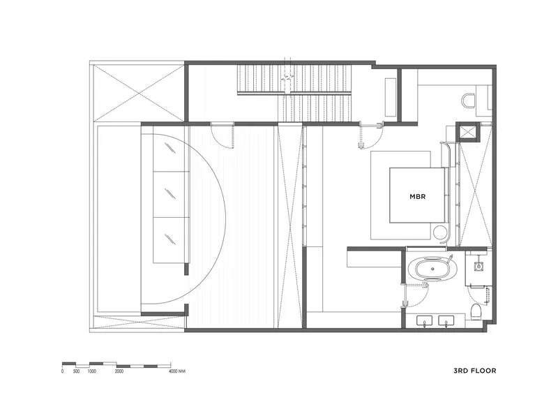 Floor plan drawing showing the same floor with curved wall storage added to the left room