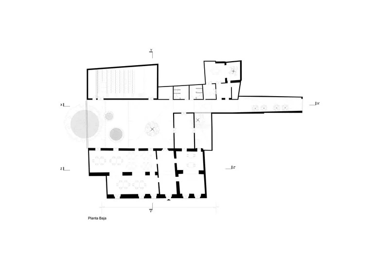 Ground floor plan drawing showing existing rooms and a new courtyard extension with trees