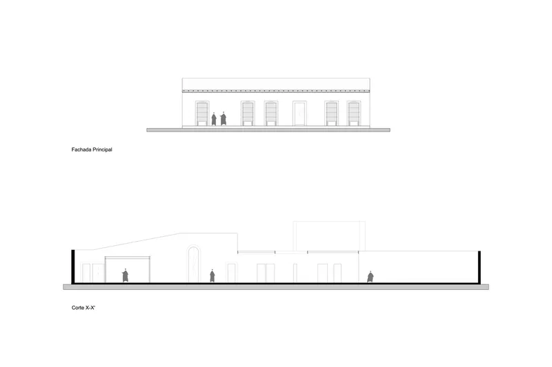 Elevation and section drawings showing a low horizontal building with doors and two standing figures
