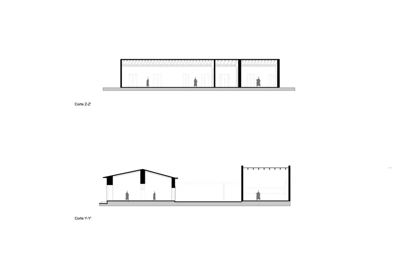 Section drawings revealing pitched roof volumes and interior spatial divisions with human figures for scale