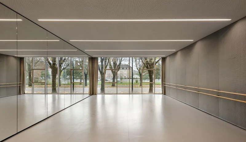 Dance studio with mirrored wall and horizontal light strips overlooking trees in a park