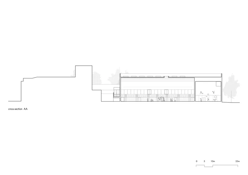 Cross-section drawing showing the interior volume of the gymnasium with spectator seating and adjacent building mass