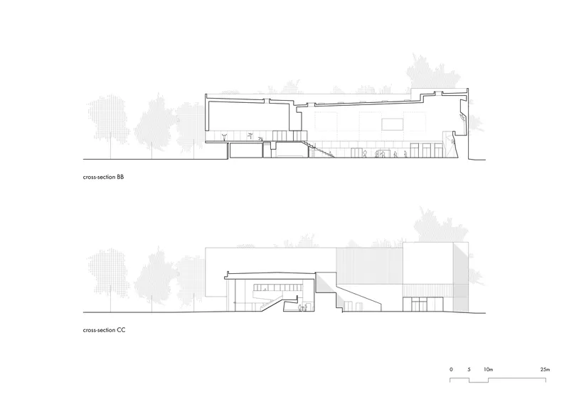 Cross-section drawings showing split-level interior spaces with stairs and surrounding tree canopy