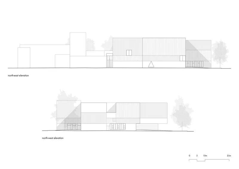 Elevation drawings from northeast and northwest showing low-rise volumes with varied rooflines and tree silhouettes