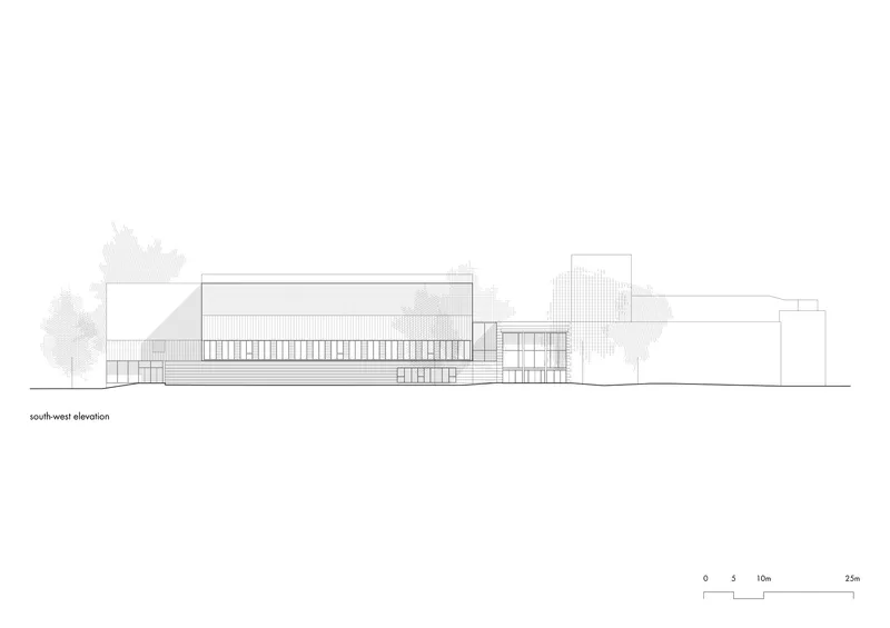 Southwest elevation drawing showing horizontal massing with central glazed entrance and flanking tree forms