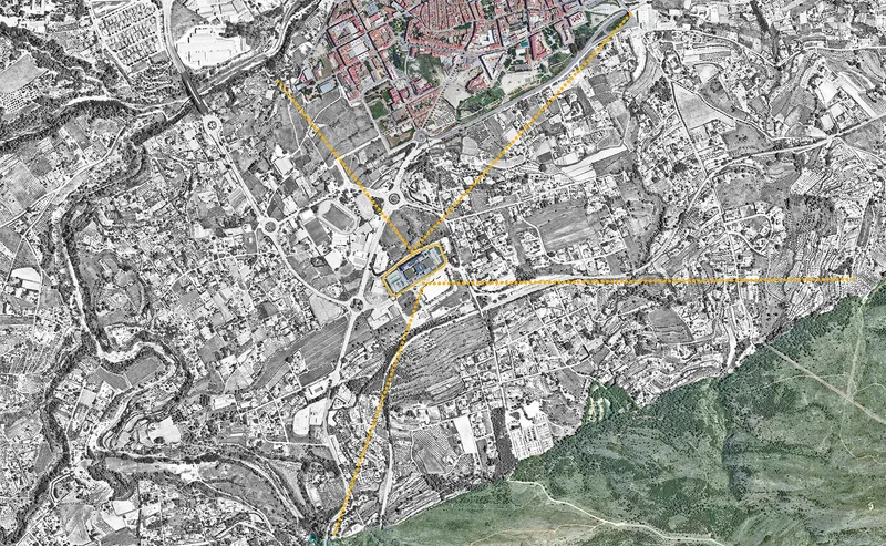 Site plan drawing showing urban fabric with highlighted pathway or route marked in yellow