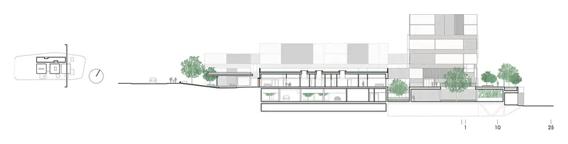 Section drawing depicting interconnected building volumes at varying heights with integrated green roof terraces