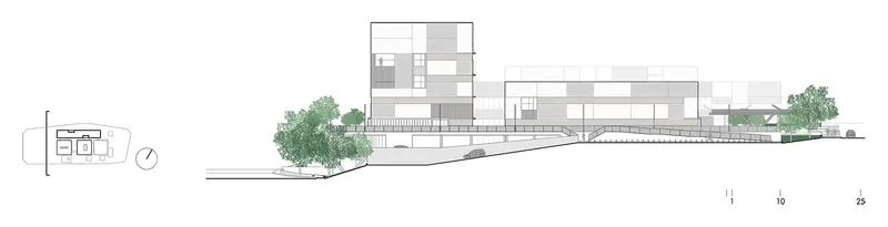 Section drawing illustrating stacked building masses on sloping terrain with a curved entry ramp