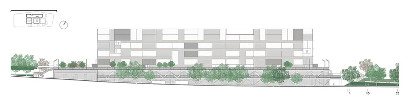 Elevation drawing presenting a long chequered facade with planted terraces at the base level