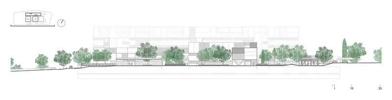 Elevation drawing showing rectangular building volumes with rooftop trees distributed along the horizontal composition