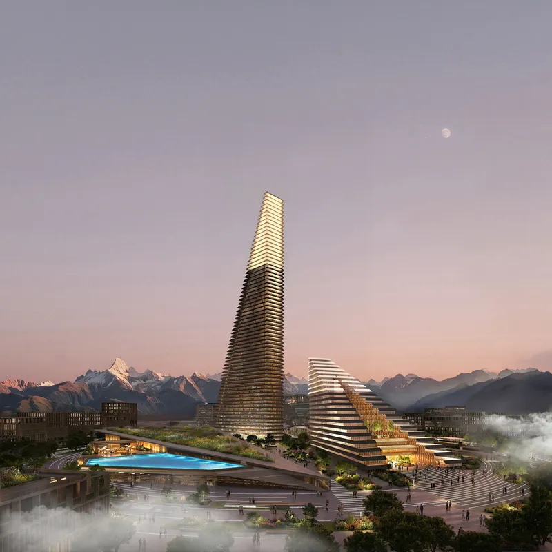 Aerial rendering of a spiraling tower and stepped volumes beside a waterfront plaza at dusk with moon visible