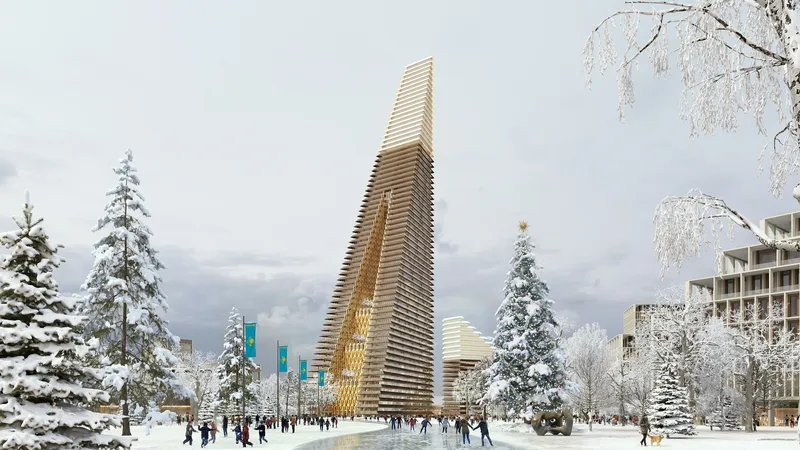 Ground-level view of the spiraling tower surrounded by snow-covered trees and pedestrians on a winter day