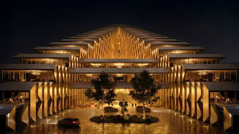 Symmetrical facade with vertical fins framing a central courtyard with trees and fountain at night