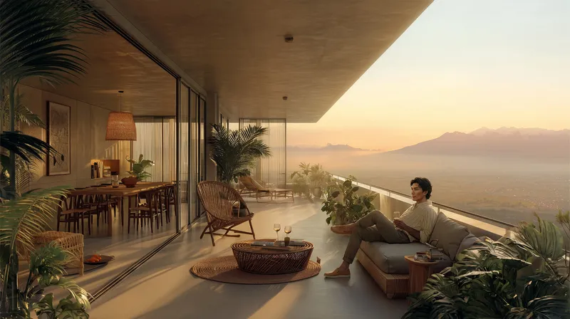 Terrace with timber ceiling and glass railing where a person reclines overlooking mountains at sunset