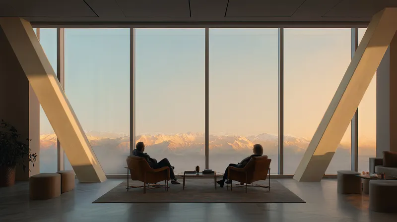 Two figures seated in leather chairs facing floor-to-ceiling windows with diagonal structural beams and mountain view