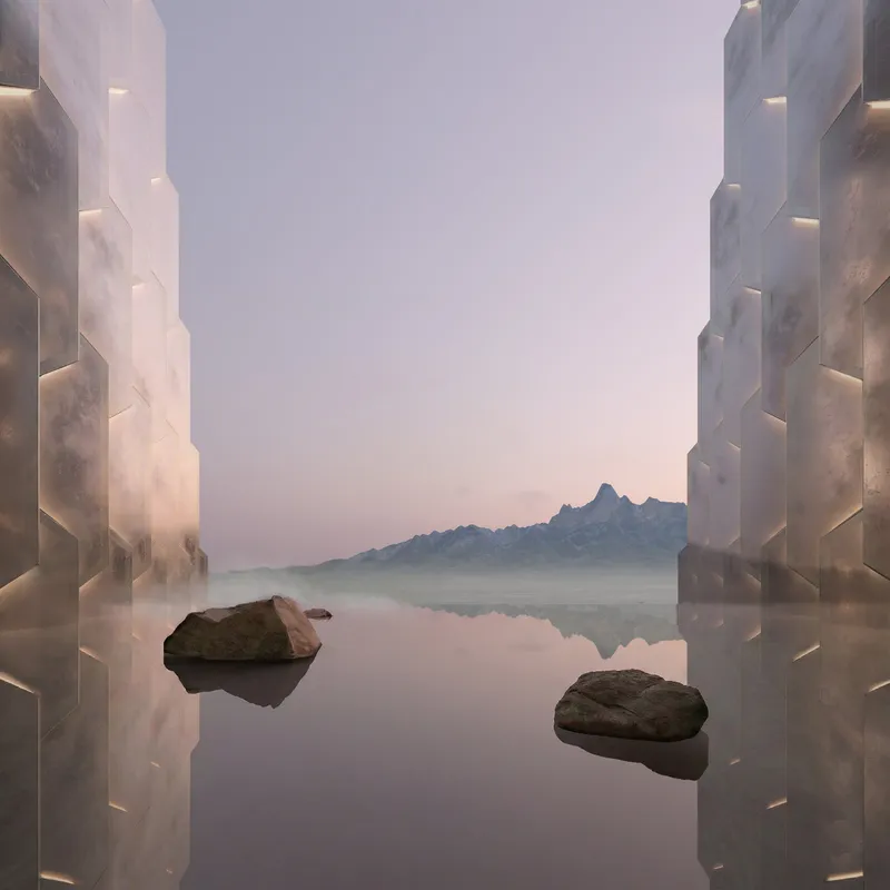 Stepped concrete walls framing a still reflecting pool with two rocks and distant mountain at dusk