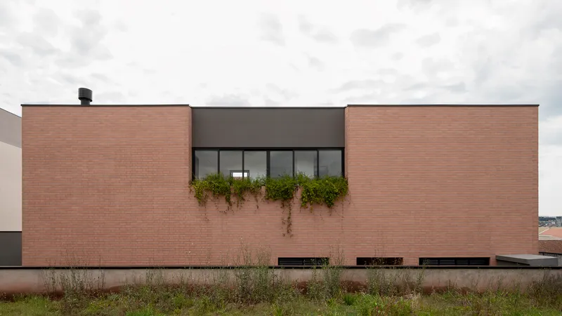 Rear elevation with continuous ribbon window, cascading vines, and green roof planting under overcast sky