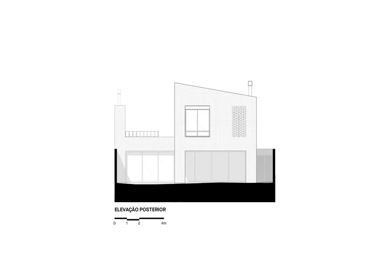 Rear elevation drawing showing a gabled volume with upper and lower window openings and ventilation screen