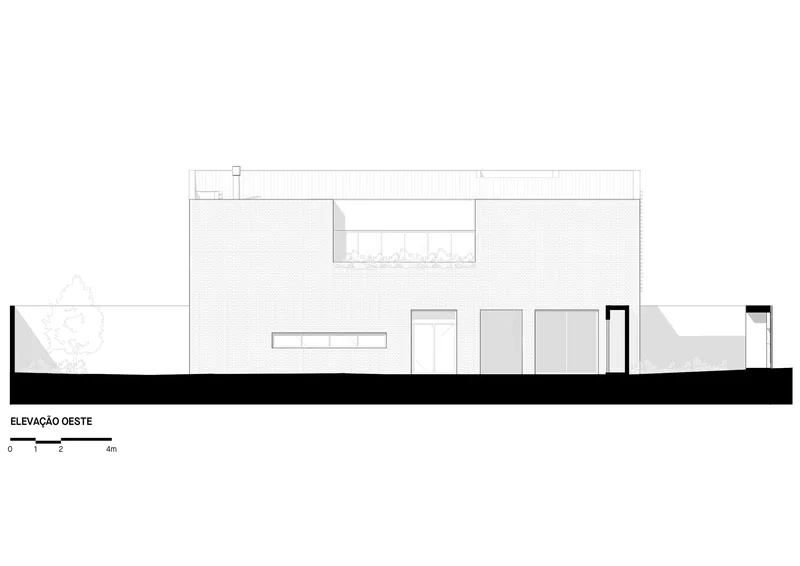 West elevation drawing displaying a horizontal ribbon window and courtyard opening between flanking trees