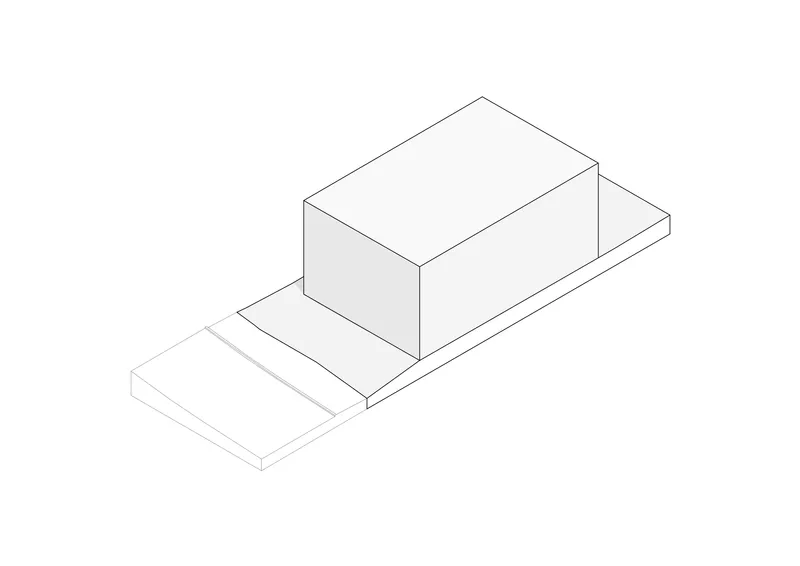 Axonometric drawing showing a two-story box atop a stepped plinth and terrace