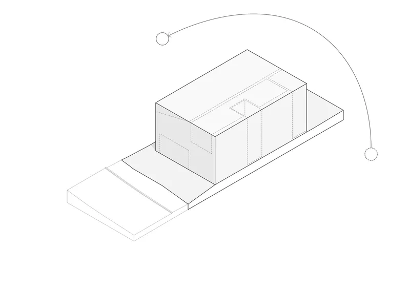 Axonometric drawing illustrating the two-story volume with courtyard cut and sun path diagram overhead