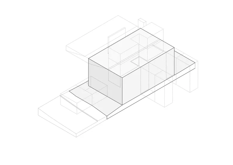 Axonometric drawing showing a two-story volume with interior partitions on a sloped site base